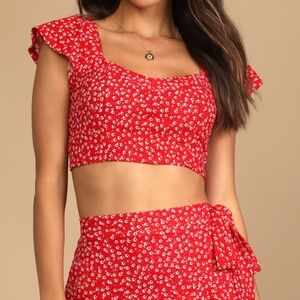 Lulus Flourishing Moments Red Floral Print Tie-back Crop Top - Size S